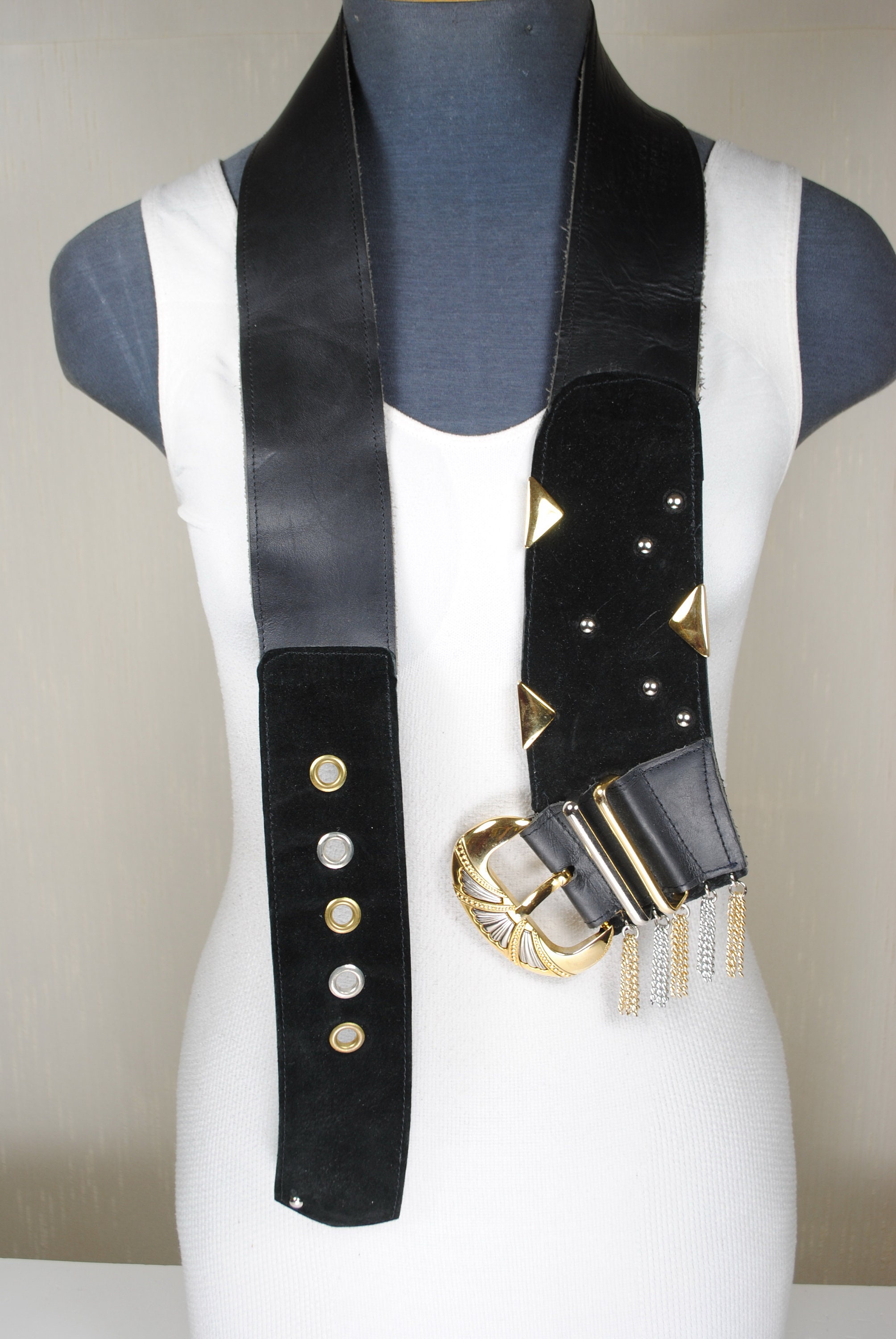 Wide V-shaped Black Belt, Embellished Real Suede Leather 