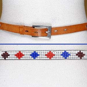 Seed Bead Belt, Skinny Tan Leather Belt for Women, Vintage Beaded White Red Blue belt, Silver Buckle, Native, Boho, Size 27 28 29 30 31 32