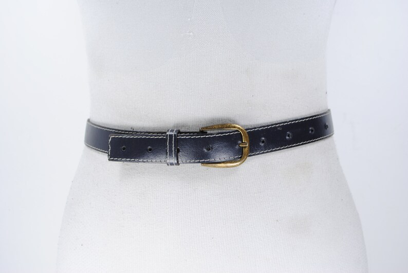80s 24-32 stitched navy blue leather belt for women with brass buckle