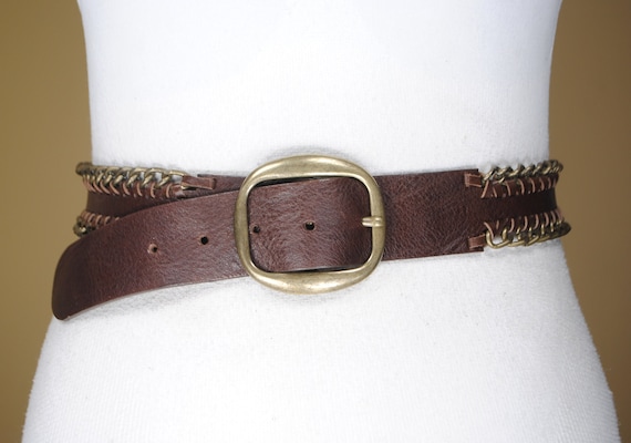 Brass Chain Belt, Brown Thick Leather Belt, Brass Buckle  display picture 3