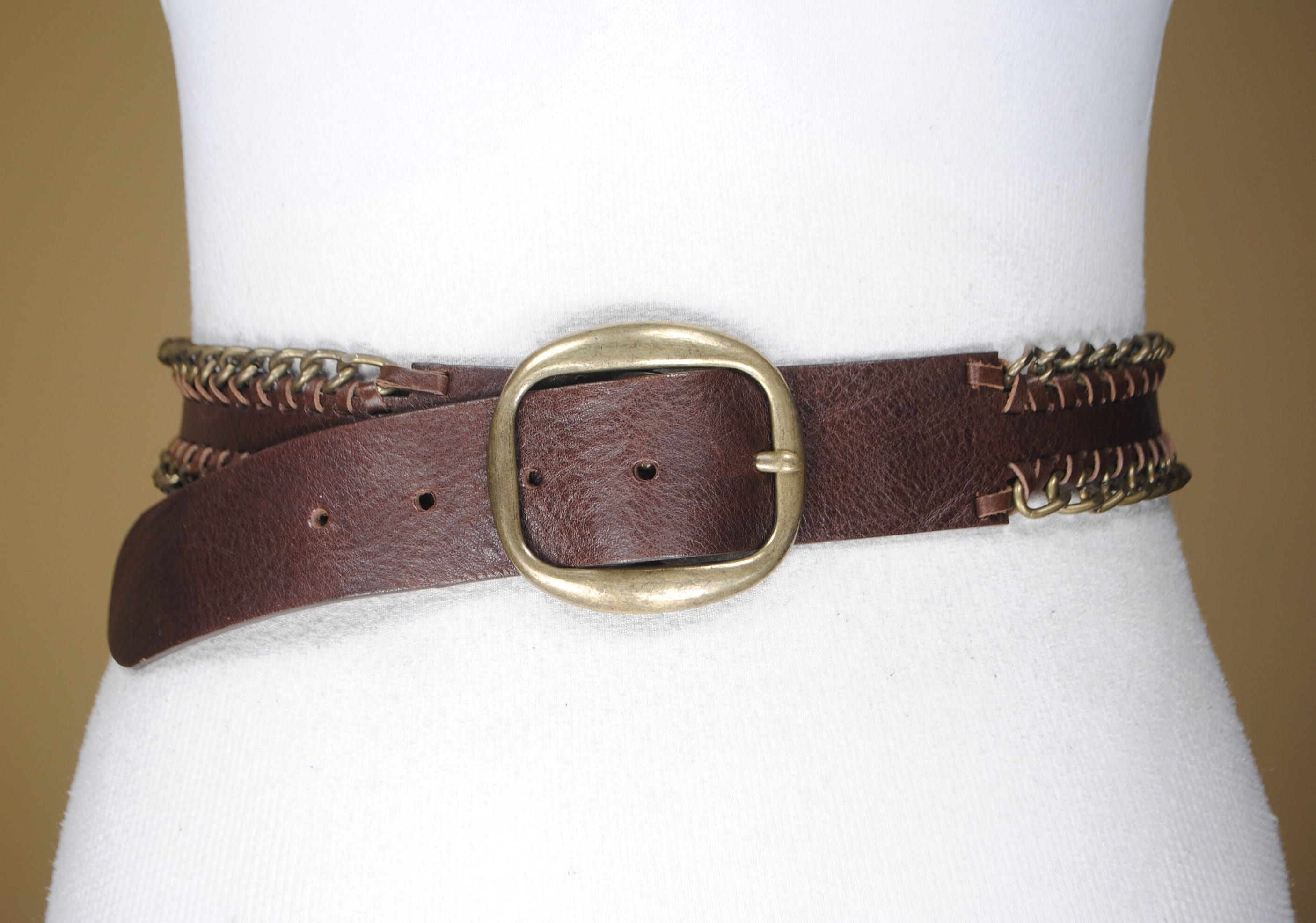 Brown Multi-Row Waist Belt with Antique Brass Chains 128” Belt Two Row Stitch Thick Leather Belt - Antique Brass Buckle  main image 3