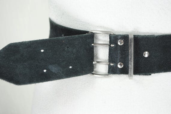 Double Prong Wide Black Belt, Y2K 90s Vintage Hip Belt, Real