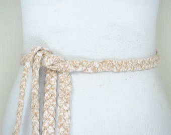 Skinny Beige Braided Belt, Tie Up White Beige Belt for Women, Cotton Fabric belt, Boho Fringe belt, Vintage Summer Accessories, cottagecore