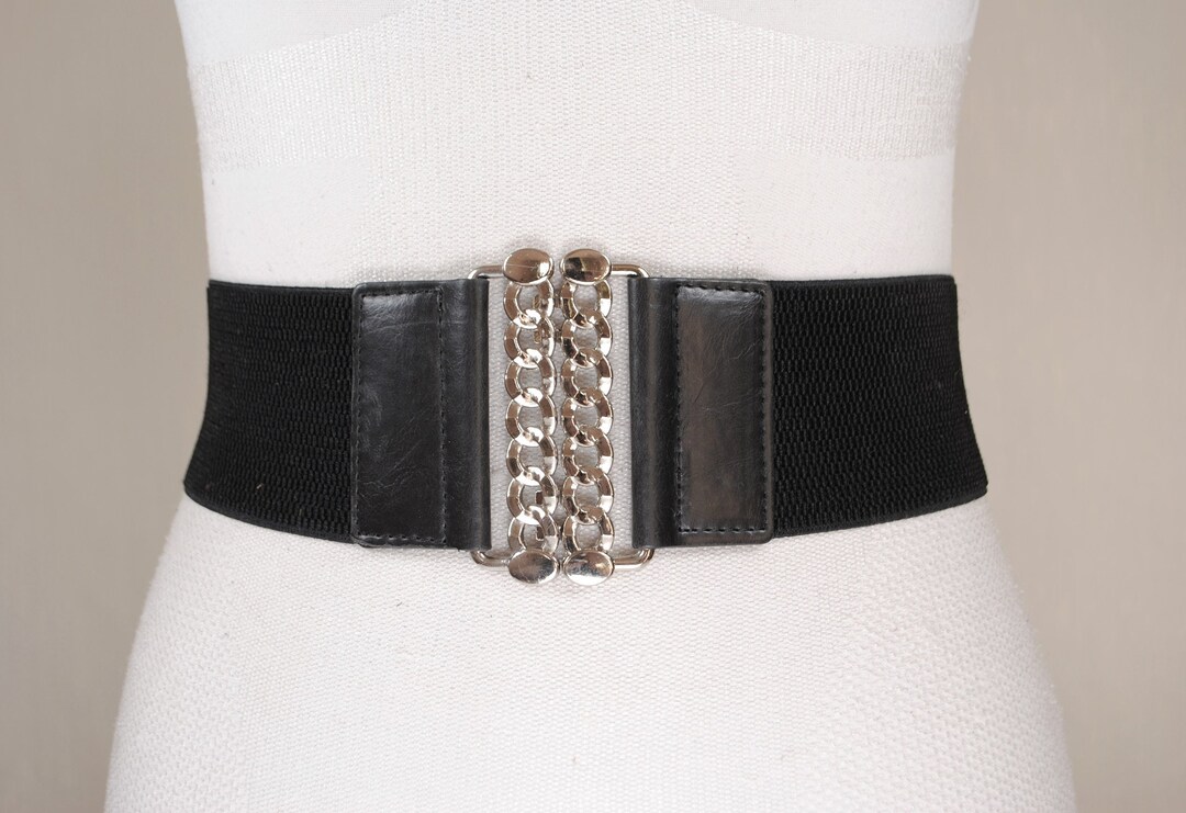 Silver Chain Buckle, Wide Hip Belt, Black Stretch Belt for  display picture 3
