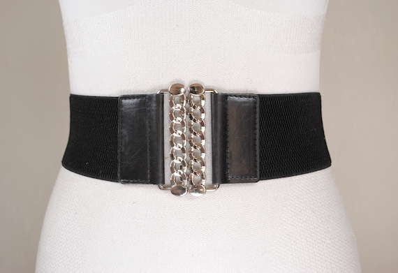 Silver Chain Buckle, Wide Hip Belt, Black Stretch Belt for  display picture 2