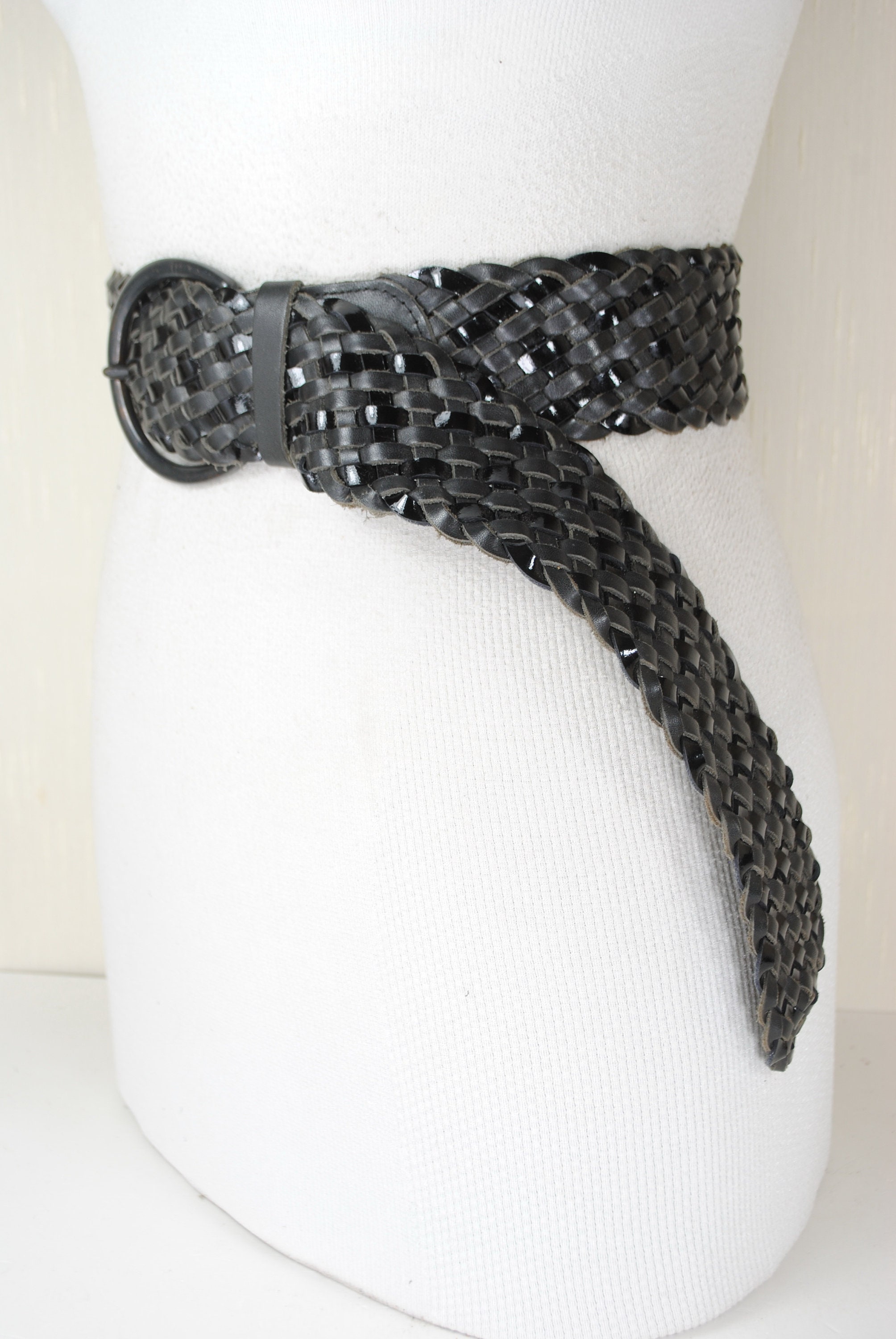 Wide Black Braided Belt Woven Leather, Women, Silver Buckle  display picture 3