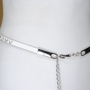 Vintage Y2K Hip Belt, Embellished Skinny Chain White Leather Belt, Women, Rhinestone Studs, Silver Hook Buckle, Size 31 32 33 34 35 36