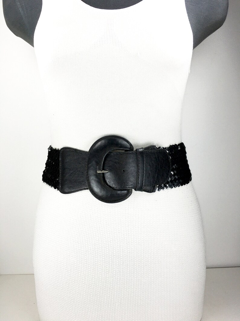 1980s 37/'/'-43/'/' black sequin elastic belt for women