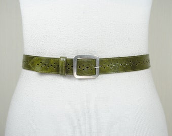 Vinyl Cutout Green Belt, Vintage Olive Laser cut Belt for Women, Silver Buckle, Khaki Vegan Leather belt, Belt for Jeans