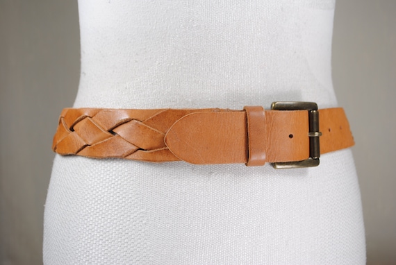 Vintage Tan Braided Leather Belt Brass Buckle Men main image 3