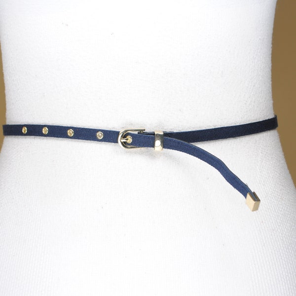 Skinny Blue Fabric Belt for Women, Gold Buckle, Old Money, Quiet Luxury, Vintage Elegant Navy Blue Belt, Size 32 33 34 35 36 Waist