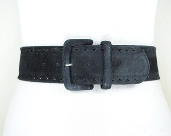 Wide Black Suede Belt for Women, Cut out Belt, DISTRESSED Belt, Covered Buckle, Vintage Accessories