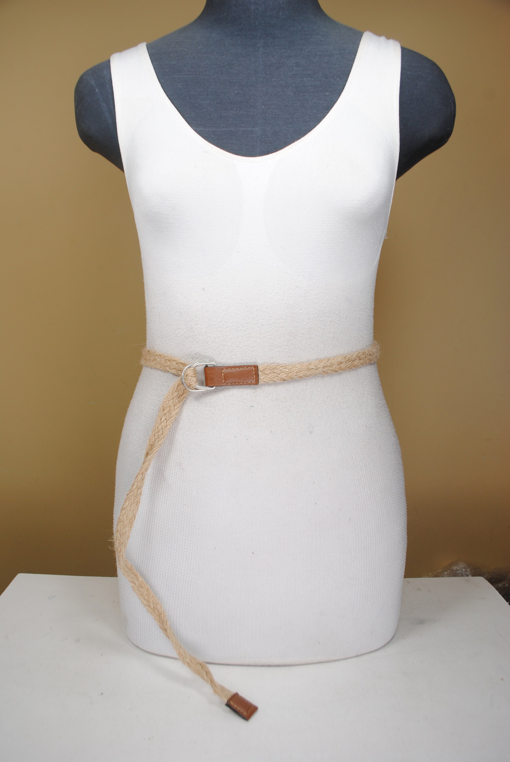 Skinny Beige Braided Belt, Woven Belt, Women, Silver D-ring 
