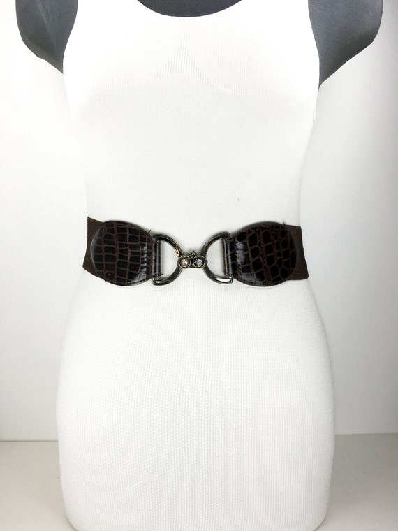 Wide Stretch Brown Belt, Patent Vegan Leather Bel… - image 2