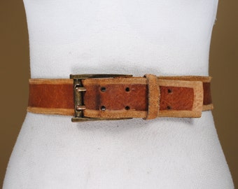 Tan Leather Belt, Double Prong Buckle, Unisex Belt, Brass Buckle, Foxy Brown Belt for Jeans, Vintage belt, Steampunk belt