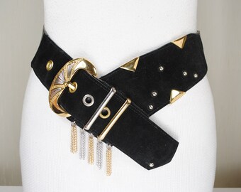 Nani Lewis Women OS Black Gold Good Vintage Velvet Medallion Statement Wide Belt Wide Vintage 90s Black Leather Belt M Ornate Fancy Gold Tone  main image 4