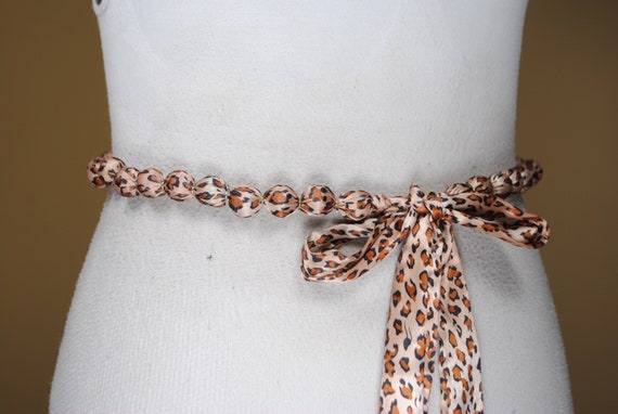 Leopard Tie up Beaded belt, 90s Vintage Fabric Be… - image 5