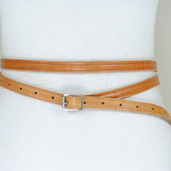 Skinny Tan Brown Double Wrap Leather Belt for women. Vintage. Silver Buckle belt. XXS XS S M, Size 23 24 25 26 27 28 29 30 Waist