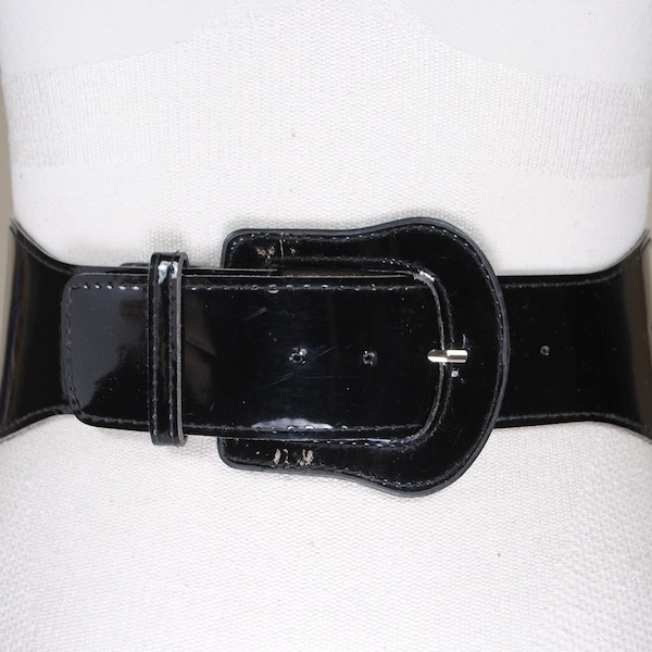 Wide Black Stretch Belt, Patent Vegan Leather belt for Women, Elastic Latex Corset, High waist belt, Covered Buckle