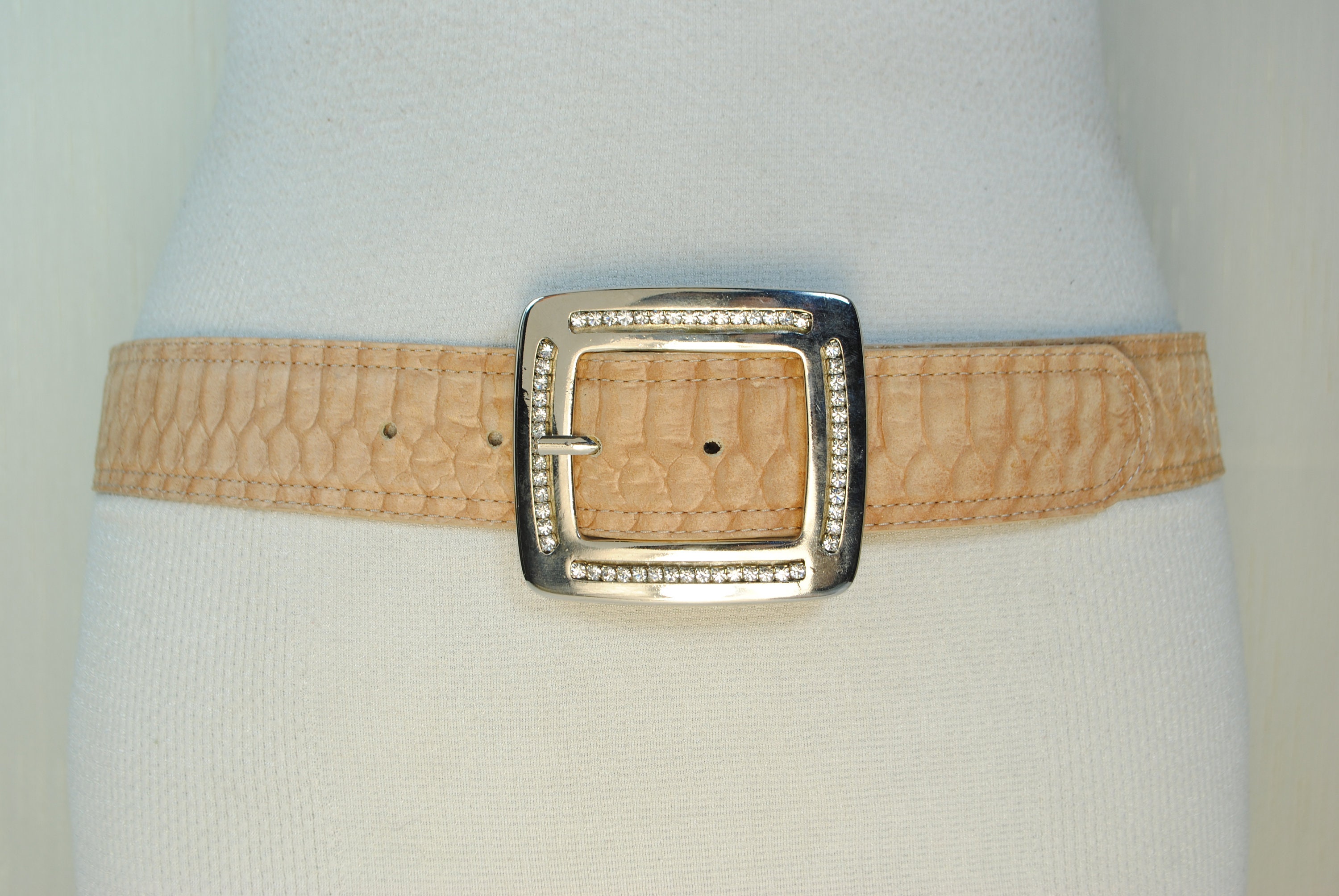 Beige Leather Belt Women, Y2K Vintage Hip Belt, Reptile 