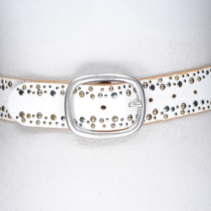 White Leather Belt, Studded Boho belt, Women, 90s Vintage Y2K Accessories, ESPRIT, Thick Leather belt, Silver Bronze Studs, Size 35 36 37 38