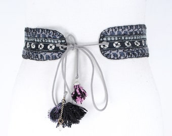 Hippie Embroidered Belt, Gray Black Tie up belt for Women with Fringe, Handmade belt, Vintage Ornamented Fabric belt, Tassel
