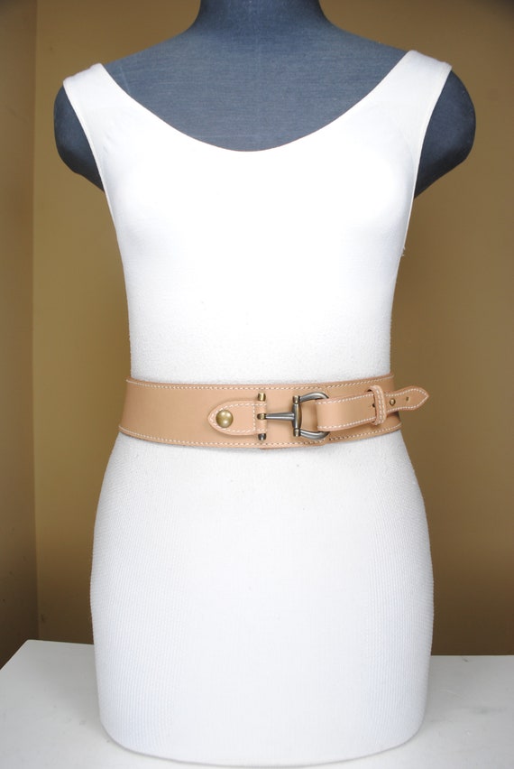Wide Tan Leather Belt for Women, Horse Bit Brass … - image 2