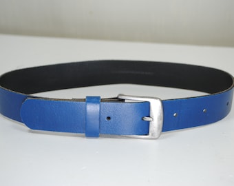 Ceinture en cuir bleue, taille 19 20 21 22 23 pour femme, Année de l'an 2000 vintage des années 90, boucle argentée, ceinture pour enfant, taille XXS XS, pour jean, vieil argent, luxe tranquille