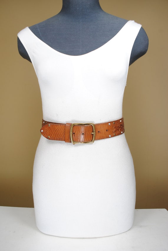 Tan Brown Braided Belt, Wide Embossed Leather bel… - image 4
