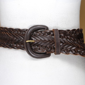 Chocolate Brown Braided Belt, Vintage Wide Brown Woven Leather Belt for Women, Covered Buckle