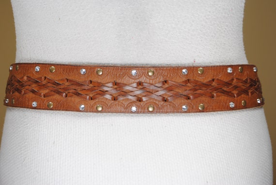Tan Brown Braided Belt, Wide Embossed Leather bel… - image 3