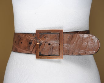 Wide Brown Leather Belt, Croc Leather Effect Belt for Women, Square Brass Buckle, Vintage Reptile Pattern belt