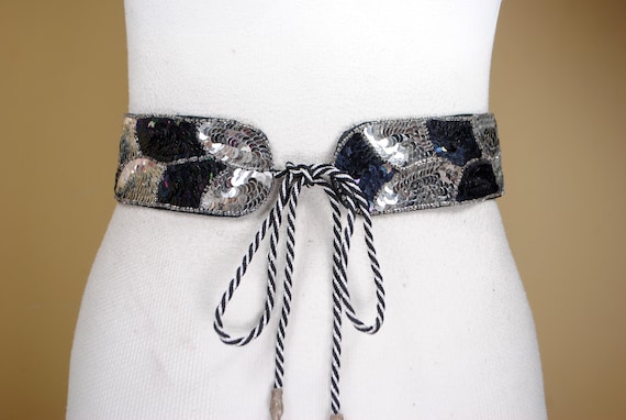 Black Silver Sequin Belt, Great Gatsby Tie Up Bel… - image 1