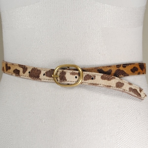 Skinny Leopard Belt, Trendy, Brown Beige Hairy Belt for Women, Animal pattern belt, Solid Brass Buckle, 90s Vintage, Size 29 30 31 32 33