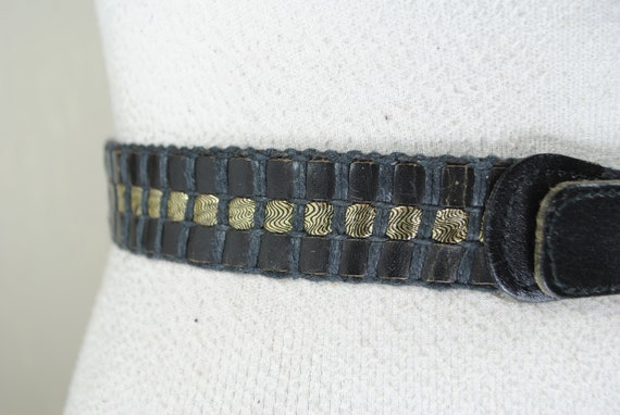 Black Gold Leather Belt, Vintage Woven Belt for W… - image 6