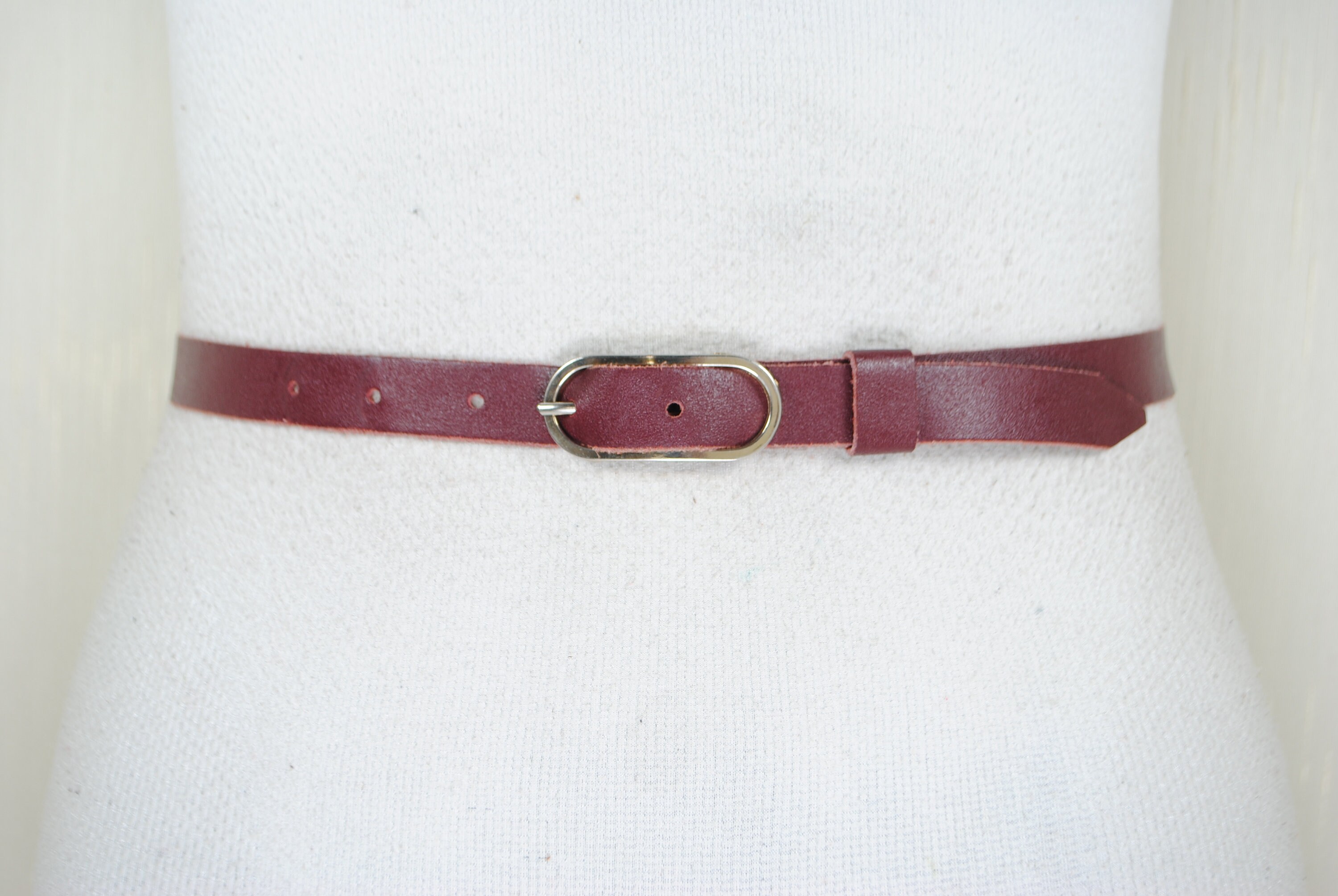 Burgundy Skinny Leather Belt Womens S Red Classic Old Money Japanese Luxury $188 Buy Skinny Womens Burgundy Belt For Dress | LeatherBelts main image 2