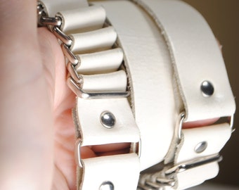White Leather Belt for Women. Silver Buckle. Vintage Y2K Belt for Jeans, Bandoleer, Cartridge belt