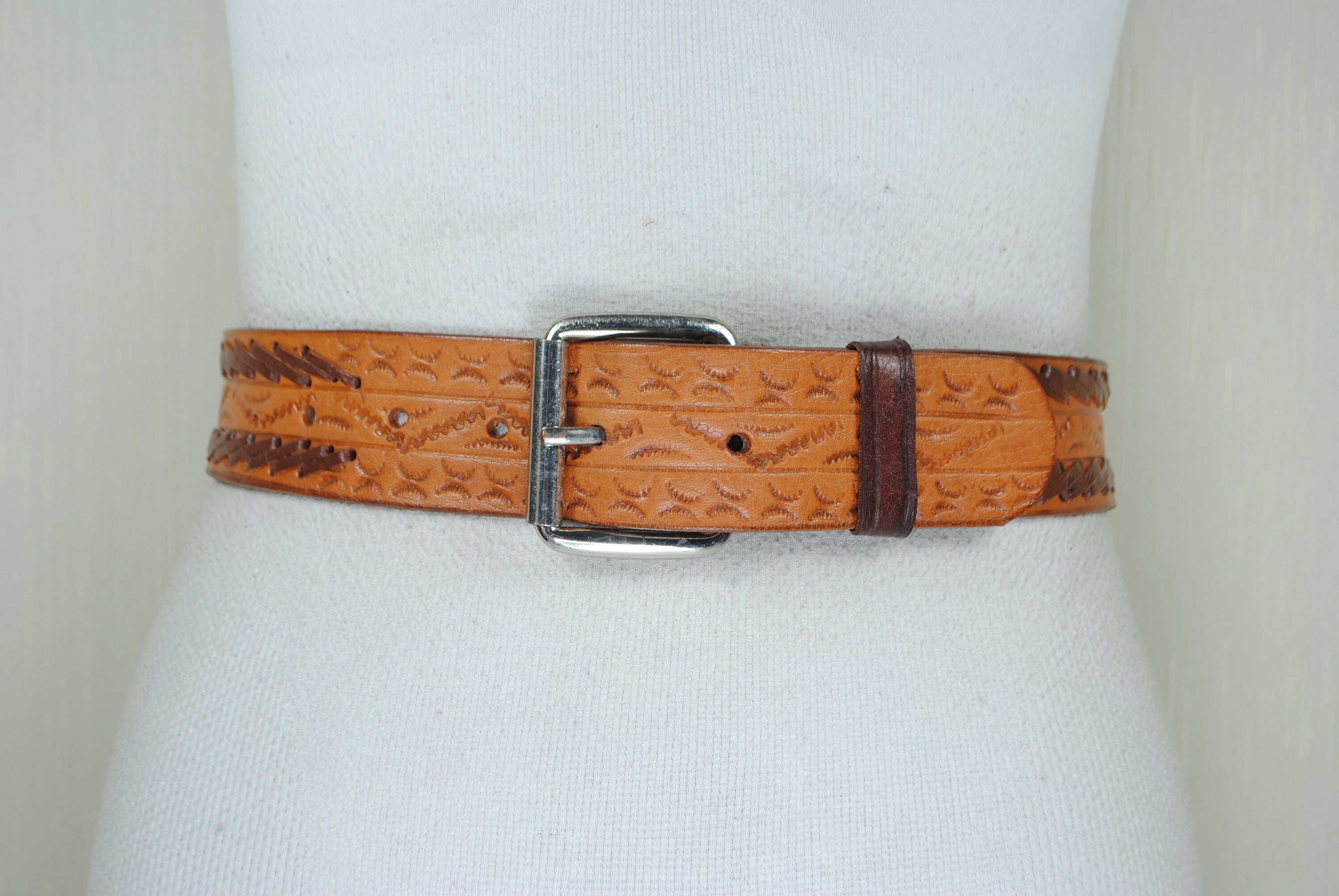 Vtg FoxyGoods Metallic Brown Leather Studded Belt S Ornate Buckle Western Boho T013 1940 main image 4