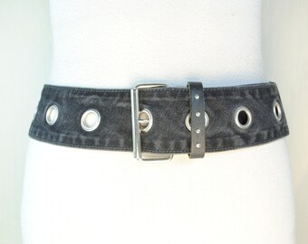 Wide Black Denim Belt, Y2K Vintage Hip Belt, Silver Eyelet