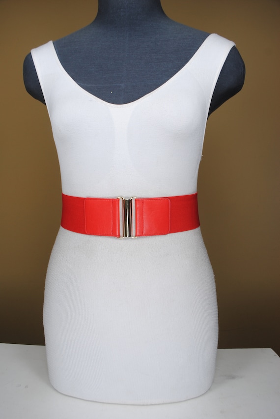 Wide Red Stretch Belt for Women. Elastic Corset. Gold Buckle  display picture 2