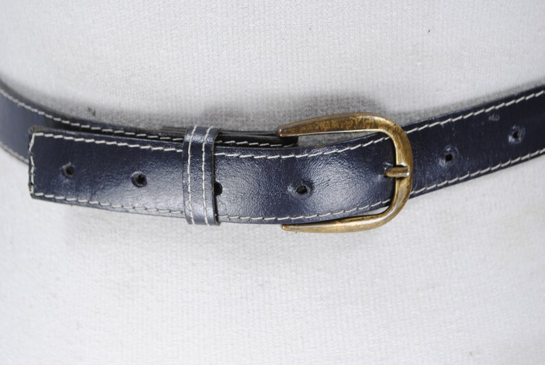 80s 24-32 stitched navy blue leather belt for women with brass buckle
