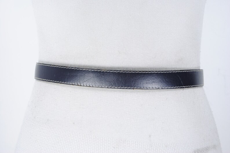 80s 24-32 stitched navy blue leather belt for women with brass buckle