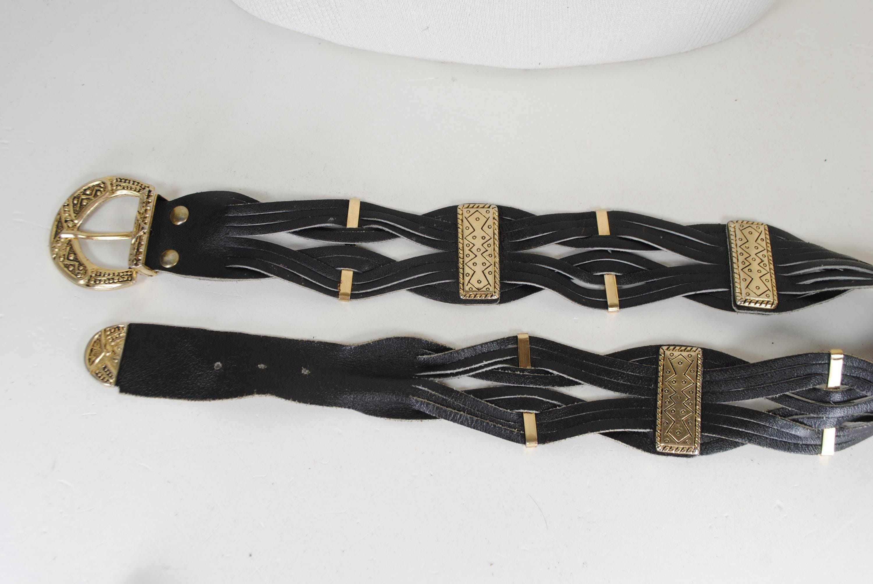 Black Braided Women’s Belt with Gold Buckle and Sparkle Detail Studded Leather Belt for Women - AMSHRTG – AMSTERDAM HERITAGE main image 3