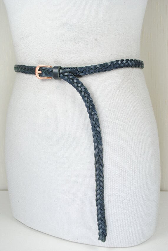 Skinny Blue Braided Belt, Woven Navy blue Leather… - image 5