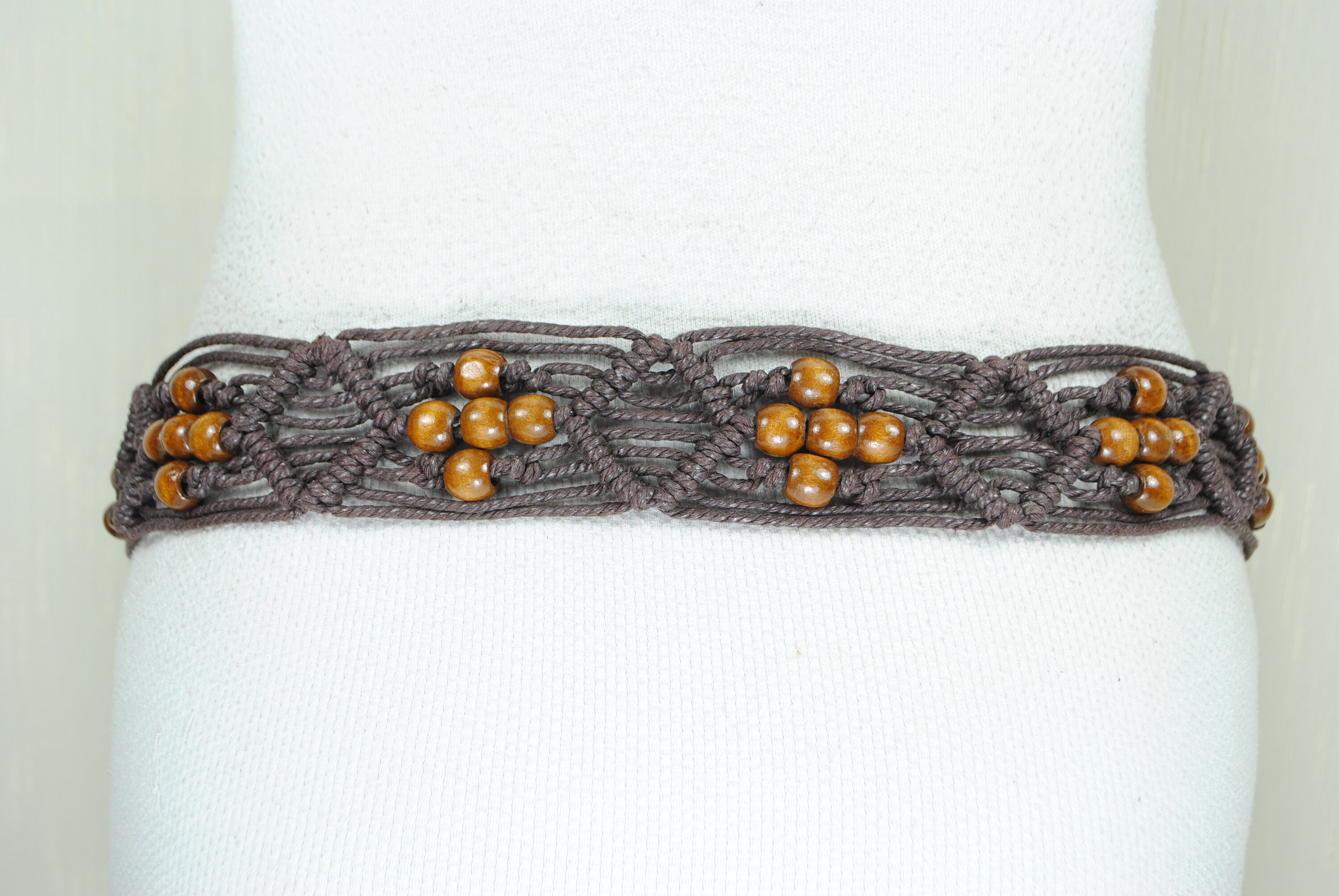 Brown Woven Tie up Belt With Wood Beads. Hand Made Macrame  display picture 2