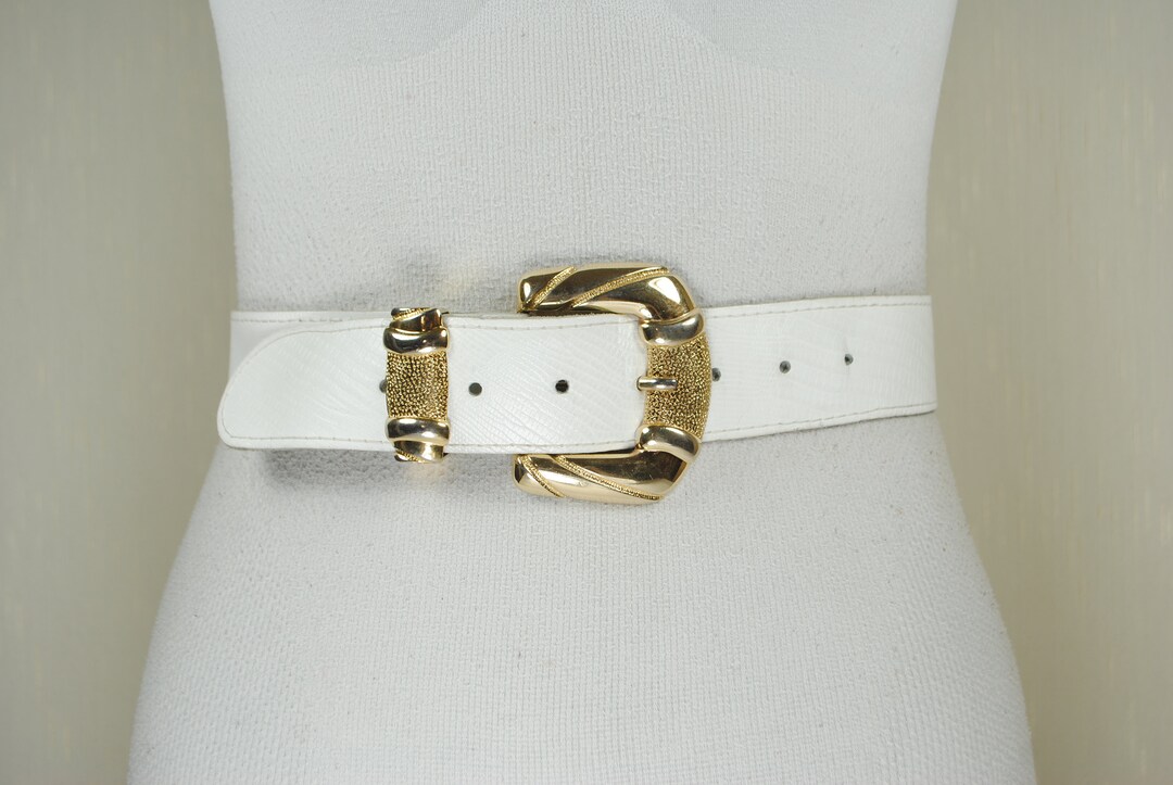80s Vintage White Leather Belt, Women, Massive Carved Gold Buckle, Lizard Leather Effect Belt