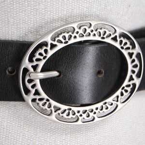 Filigree Belt Buckle, Black Leather Boho belt, Vintage Y2K Hip Belt, 90s, Silver Oval Engraved Cutout, Women,  Size 33 34 35 36 37 38 39