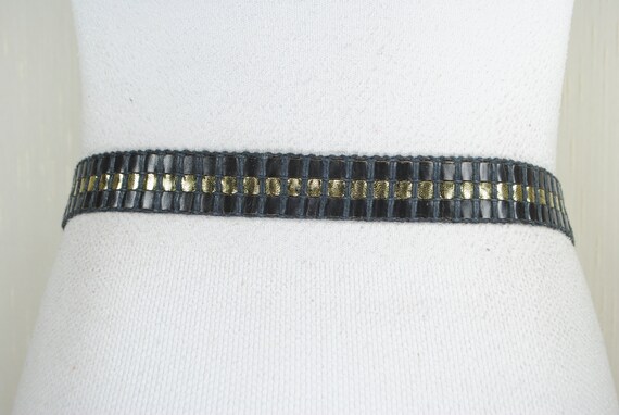 Black Gold Leather Belt, Vintage Woven Belt for W… - image 5