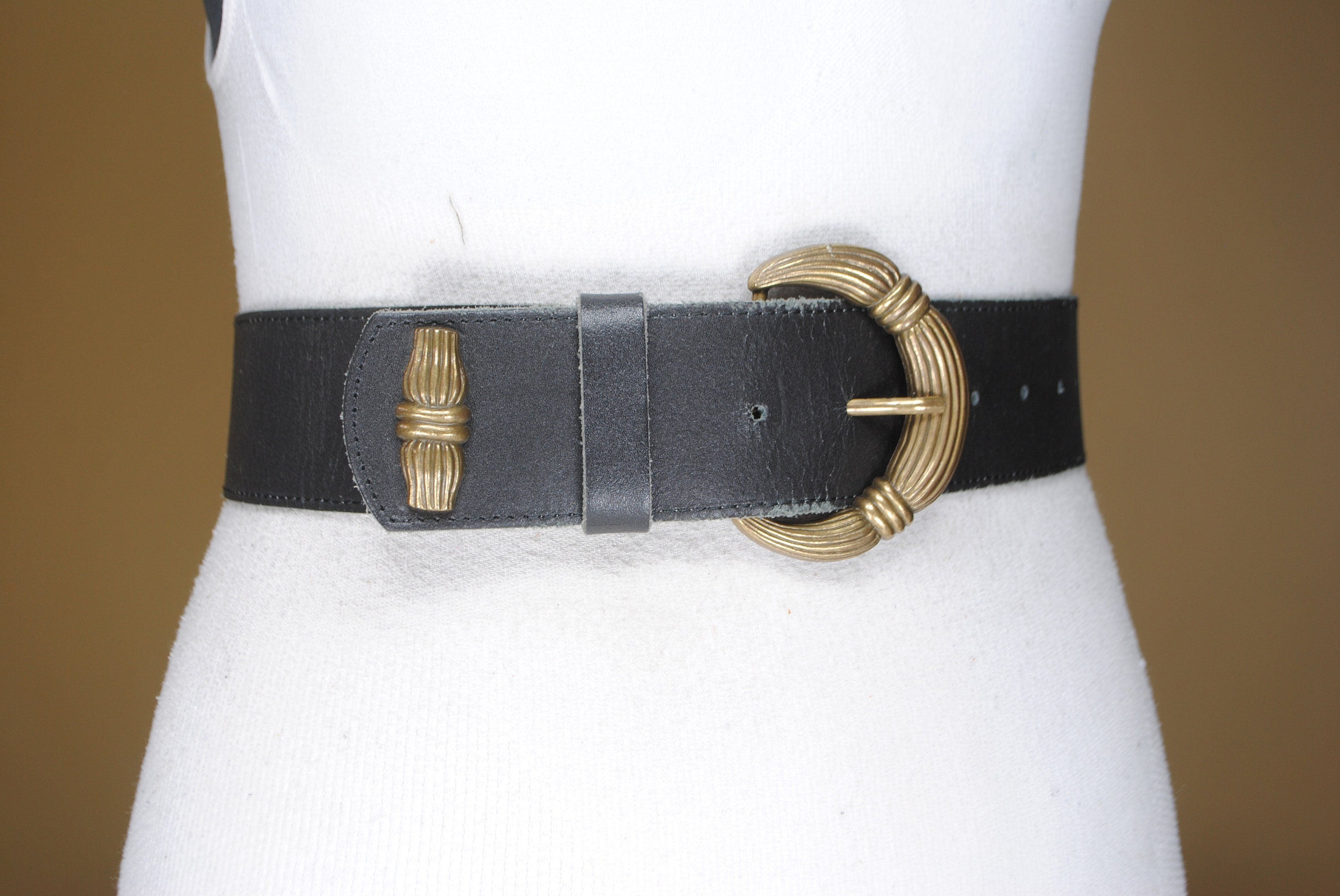 Black Leather Belt with Brass Buckle Etsy