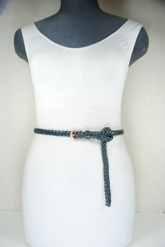 Skinny Blue Braided Belt, Woven Navy blue Leather… - image 2